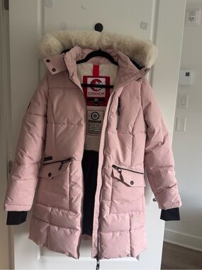 Women's Dusty Pink Long Down Parka with Fur-Trim Hood